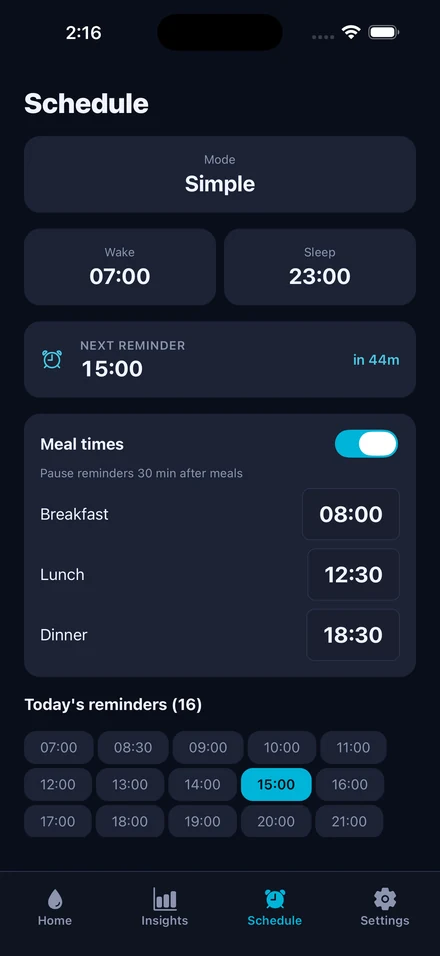 Hydrater schedule screen showing wake and sleep times, meal pauses and the next reminder